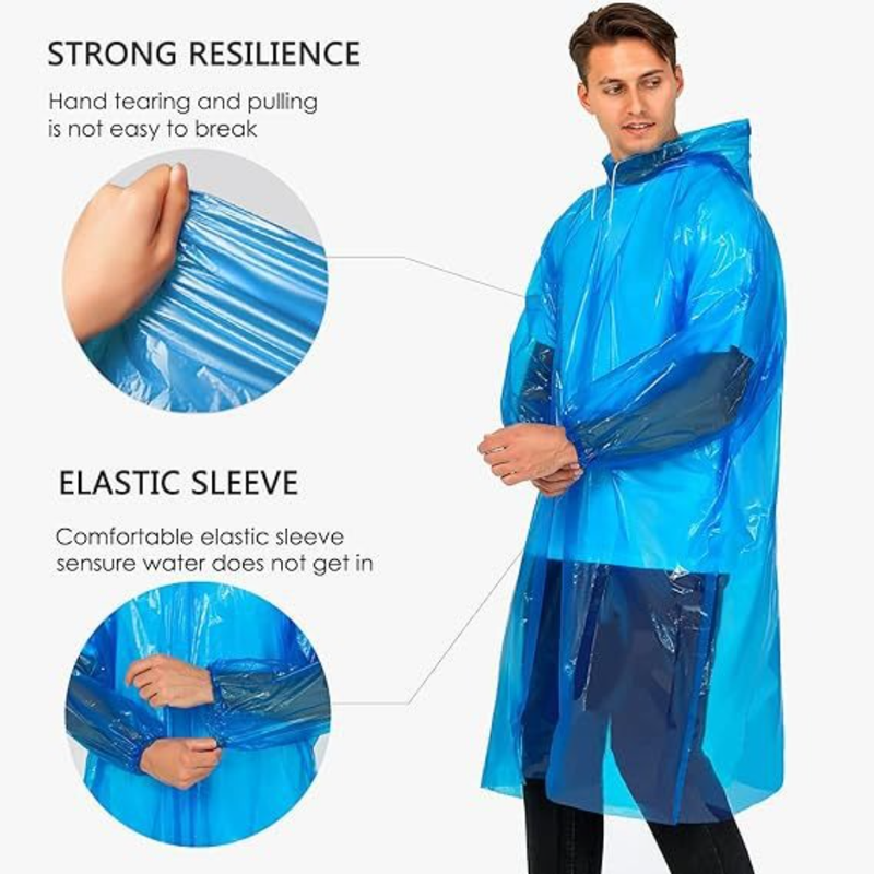 6-Pack - Disposable Thickened PE Rain Poncho, Waterproof Raincoat with Drawstring Hood & Elastic Cuffs, for Hiking, Concerts, and Outdoor Activities - Blue