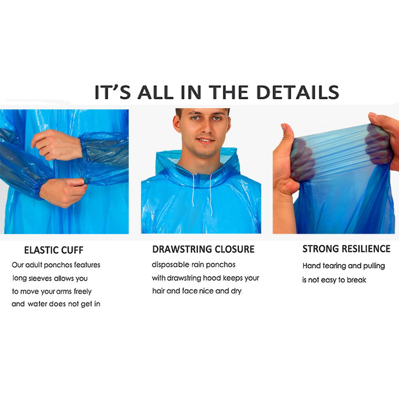 6-Pack - Disposable Thickened PE Rain Poncho, Waterproof Raincoat with Drawstring Hood & Elastic Cuffs, for Hiking, Concerts, and Outdoor Activities - Blue