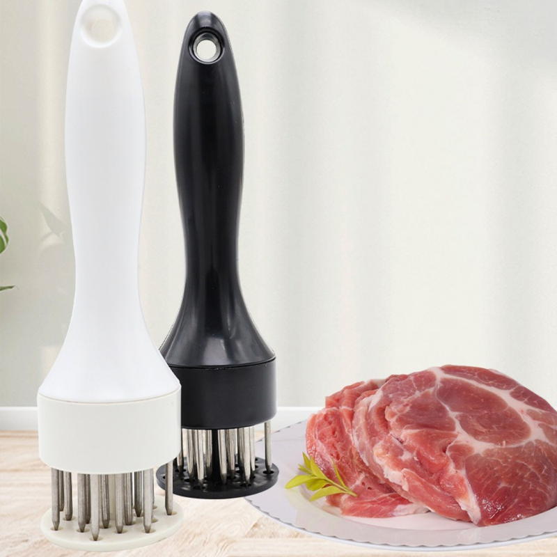 Stainless Steel Meat Tenderizer, 2.5cm Needle Pricker with Safety Guard & Automatic Rebound, for Steak, Pork, Chicken, BBQ & Marinade - White