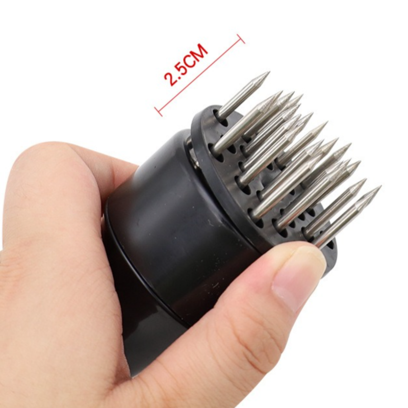 Stainless Steel Meat Tenderizer, 2.5cm Needle Pricker with Safety Guard & Automatic Rebound, for Steak, Pork, Chicken, BBQ & Marinade - Black