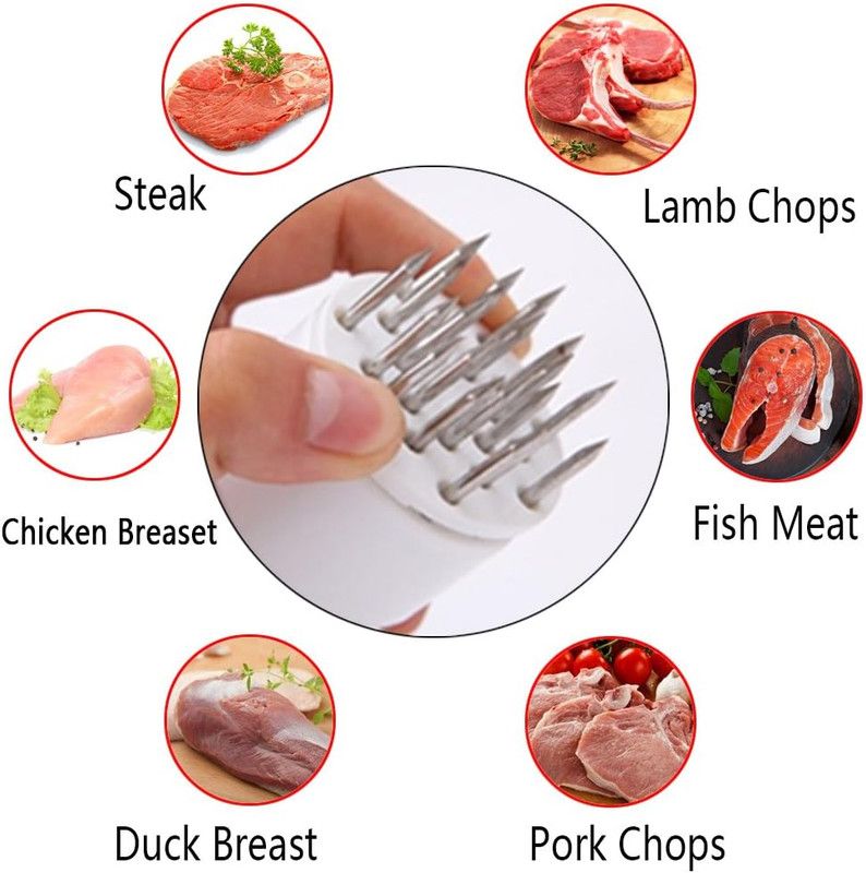 2-Pack Stainless Steel Meat Tenderizer, 2.5cm Needle Pricker with Safety Guard & Automatic Rebound, for Steak, Pork, Chicken, BBQ & Marinade - White + Black