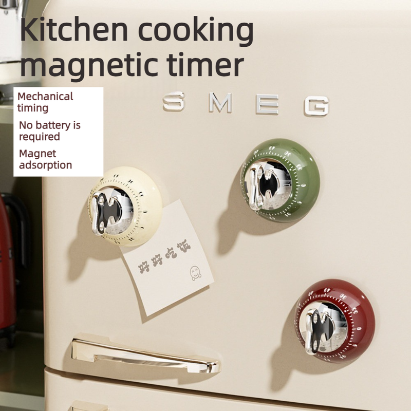 Vintage Magnetic Mechanical Kitchen Timer, 60-Minute Countdown Timer for the Fridge, Battery-Free Cooking Alarm—Green
