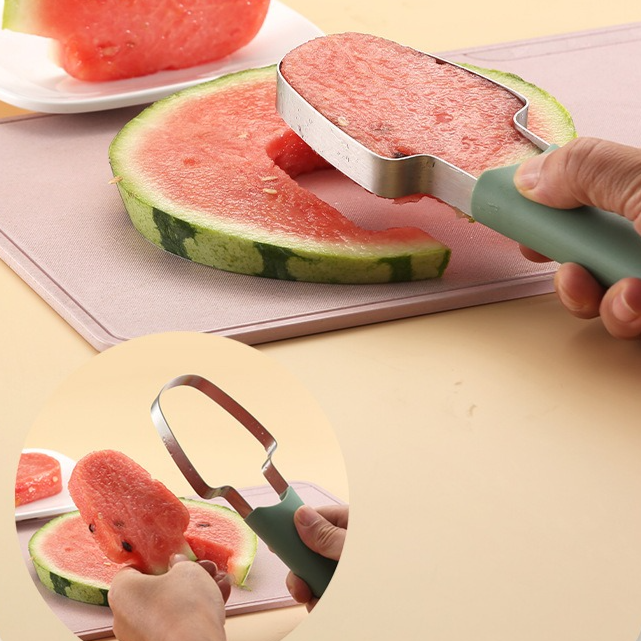 3-in-1 Stainless Steel Watermelon Cutter Set, Multi-Function Melon Slicer, Scoop, and Fork Kitchen Tool—Off-White