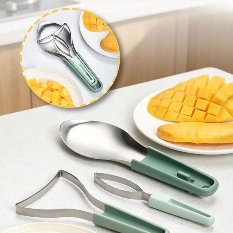 Stainless Steel Mango Cutter 3-Piece Set, Multi-Function Mango Core Remover & Dicer Kitchen Tool—Green