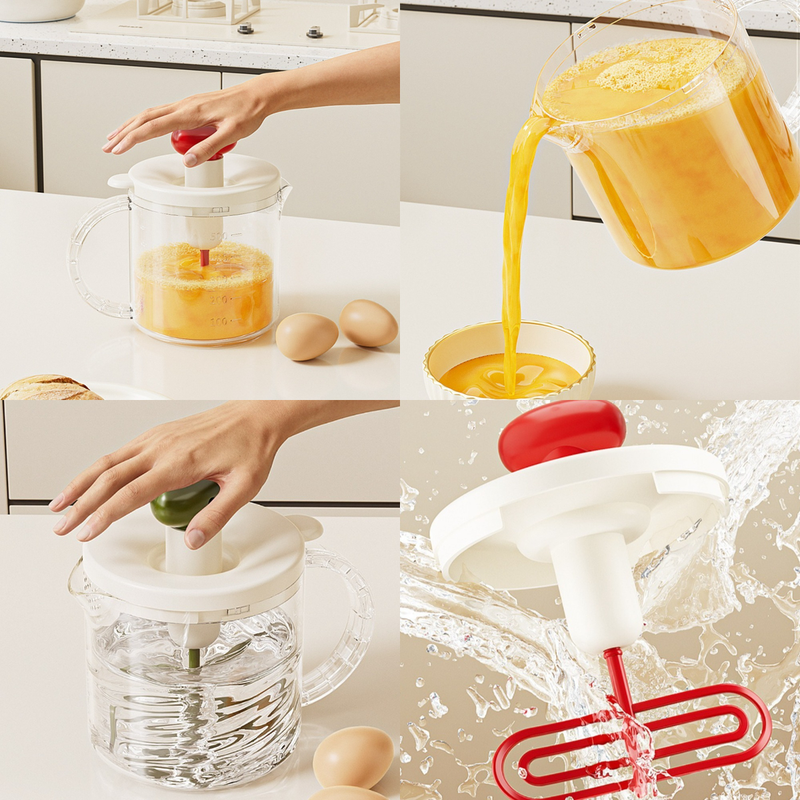 Semi-Auto Press Egg Beater Cup, Large-Capacity Measuring Manual Whisk for Cream & Egg Mixing—Red