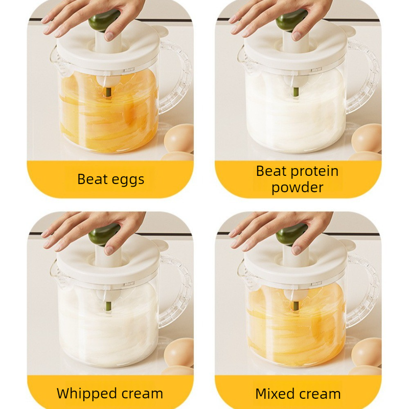 Semi-Auto Press Egg Beater Cup, Large-Capacity Measuring Manual Whisk for Cream & Egg Mixing—Yellow