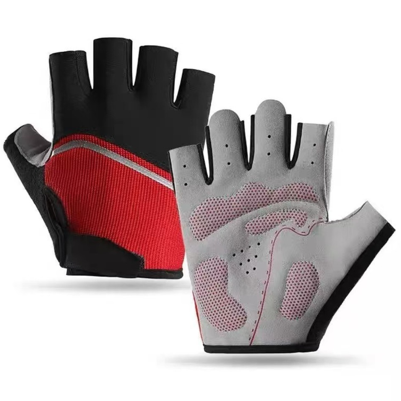 Red, Size M - One Pair - Breathable Mesh Half-Finger Sports Gloves, Non-Slip Silicone Shock-Absorbing Gloves for Cycling Fitness