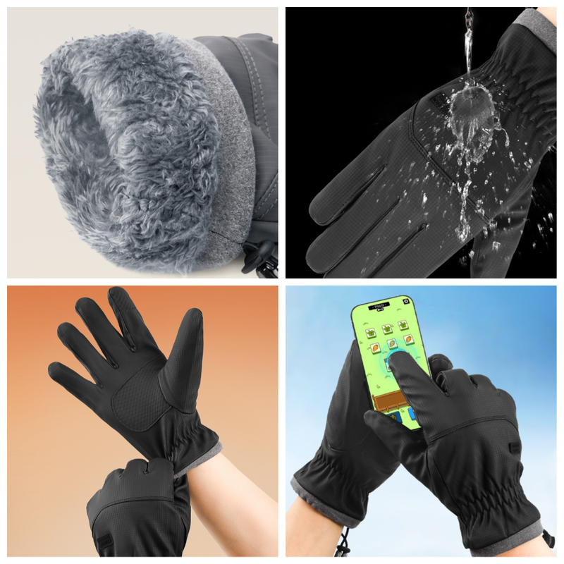 Winter Fleece-Lined Touchscreen Gloves, Windproof, Water-Resistant, Anti-Slip Thermal Gloves for Cycling and Driving, Unisex, One Pair—Black (One Size Fits All)