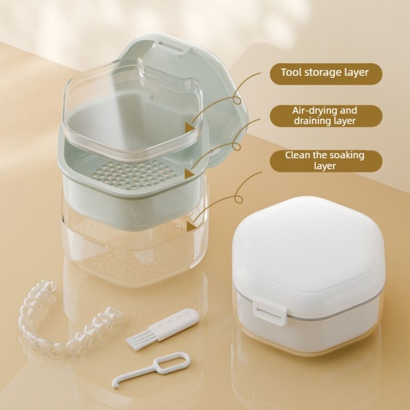 3-Layer Drainable Retainer Storage Case, Portable Invisible Braces & Denture Soaking Cleaning Box - Green