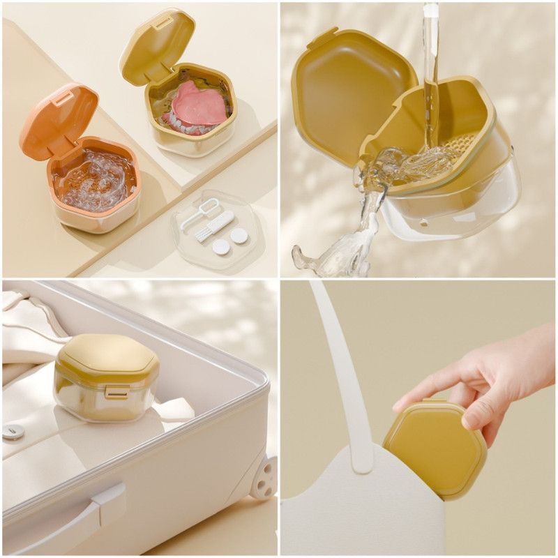 3-Layer Drainable Retainer Storage Case, Portable Invisible Braces & Denture Soaking Cleaning Box—Yellow
