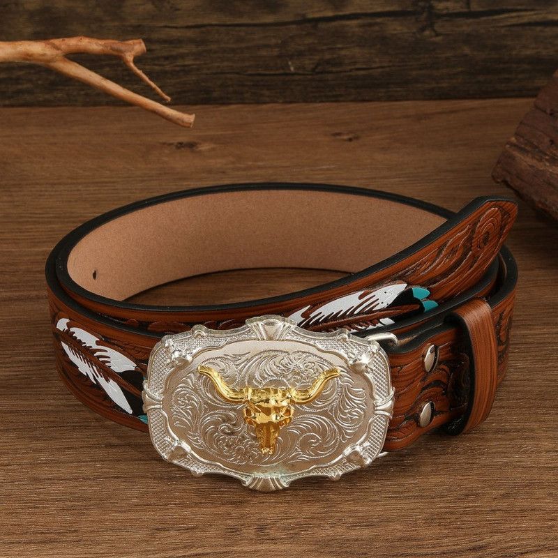 Vintage Western Cowboy Belt – Retro Bull Head Embossed Genuine Leather Belt for Men