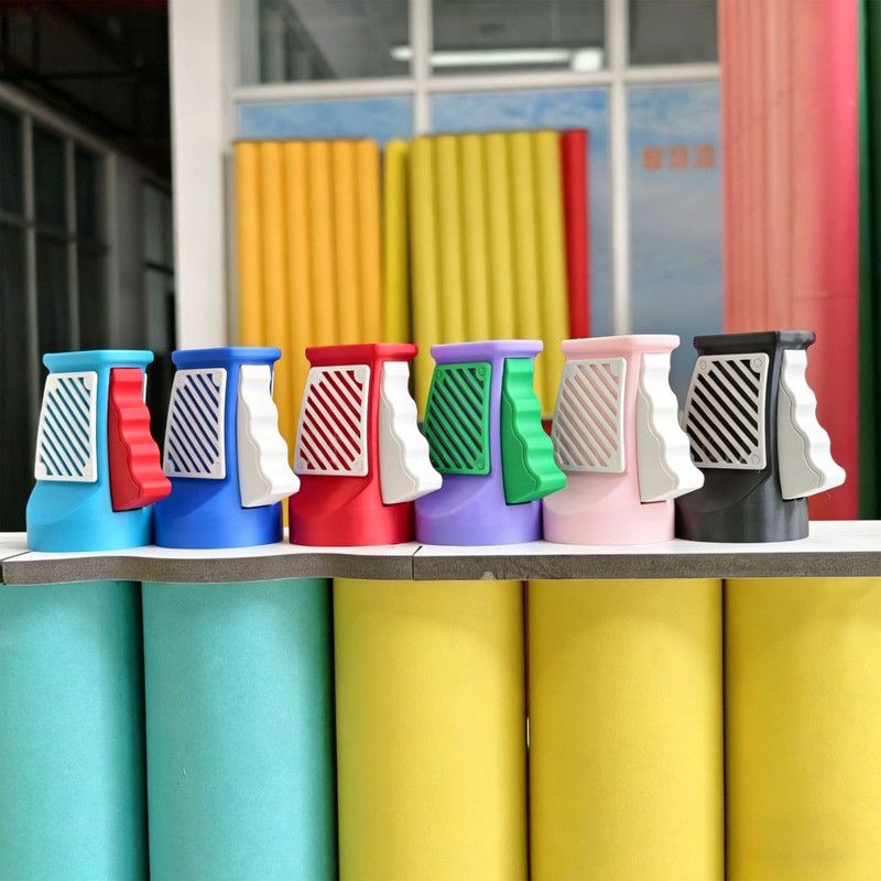 3D printed desktop ornament of a one-handed can opener, for beverages. Light blue