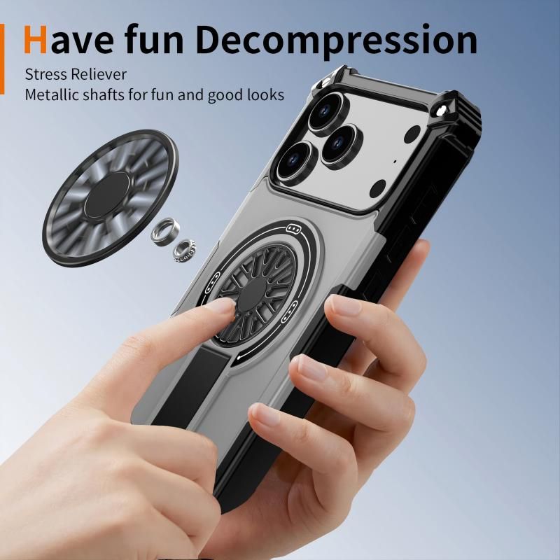 Armor Heavy Duty Magnetic Rotating Ring Kickstand Phone Case For iPhone 17 Pro Max, Anti-Drop Protective Cover In Silver