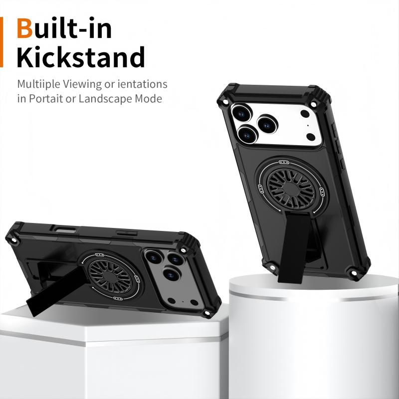Armor Heavy Duty Magnetic Rotating Ring Kickstand Phone Case For iPhone 17 Pro Max, Anti-Drop Protective Cover In Black
