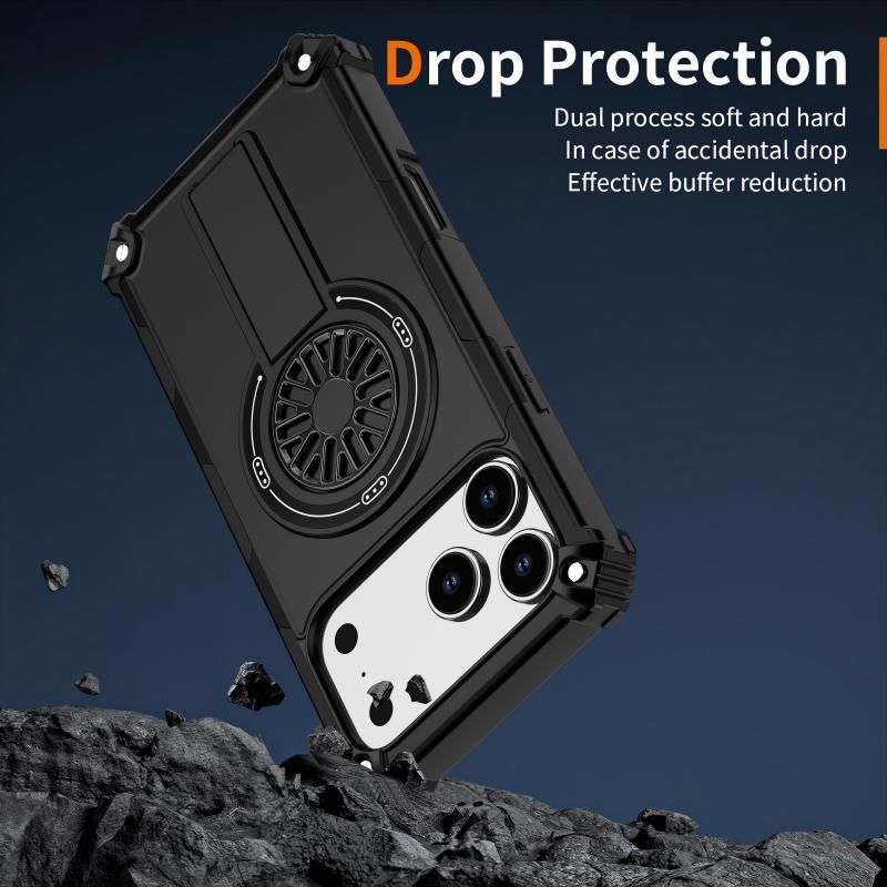 Armor Heavy Duty Magnetic Rotating Ring Kickstand Phone Case For iPhone 13 Pro, Anti-Drop Protective Cover In Black