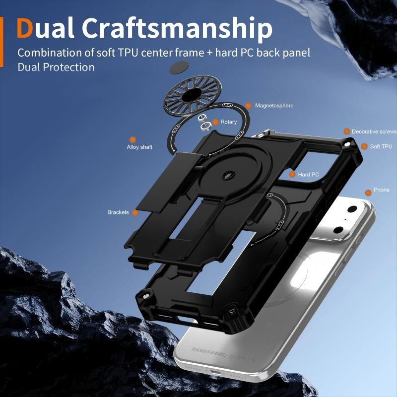 Armor Heavy Duty Magnetic Rotating Ring Kickstand Phone Case For iPhone 13 Pro Max, Anti-Drop Protective Cover In Black