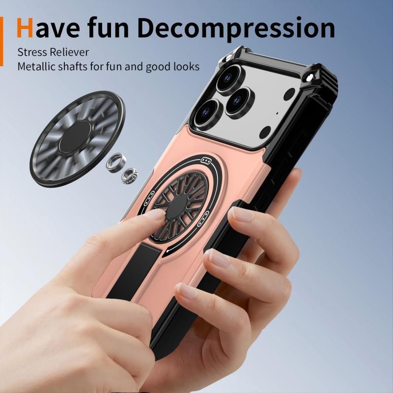 Armor Heavy Duty Magnetic Rotating Ring Kickstand Phone Case For iPhone 14 Pro Max, Anti-Drop Protective Cover In RoseGold