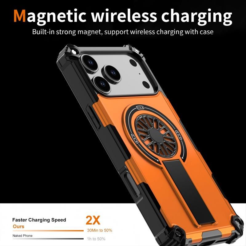 Armor Heavy Duty Magnetic Rotating Ring Kickstand Phone Case For iPhone 14 Pro Max, Anti-Drop Protective Cover In Orange