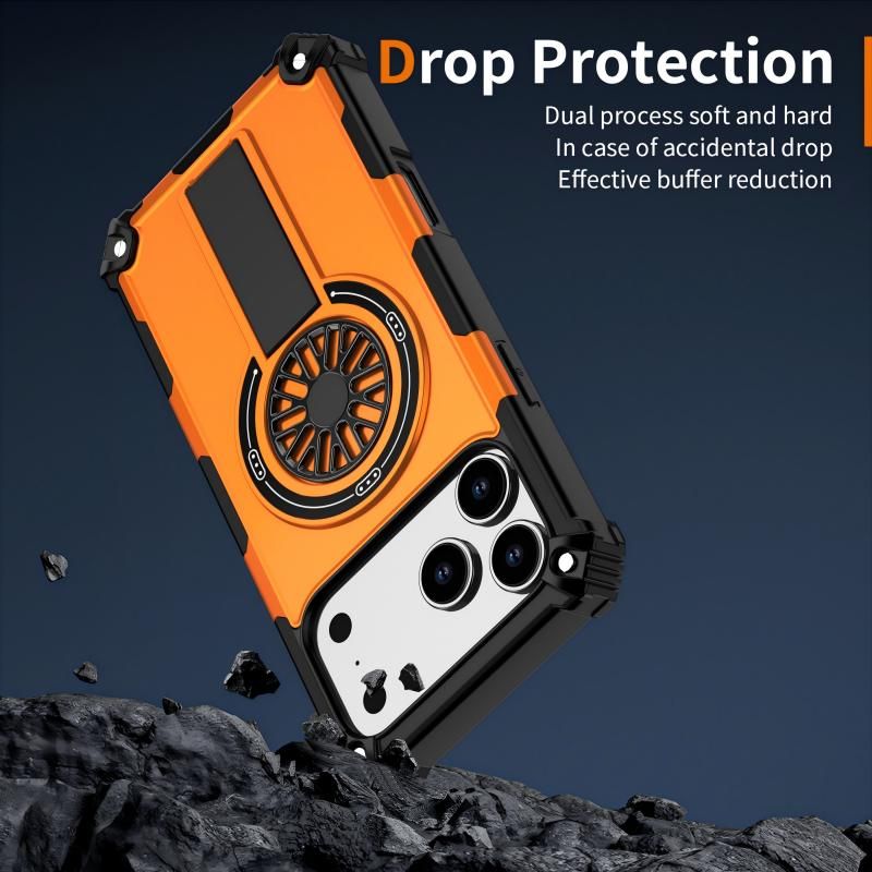 Armor Heavy Duty Magnetic Rotating Ring Kickstand Phone Case For iPhone 14 Pro Max, Anti-Drop Protective Cover In Orange