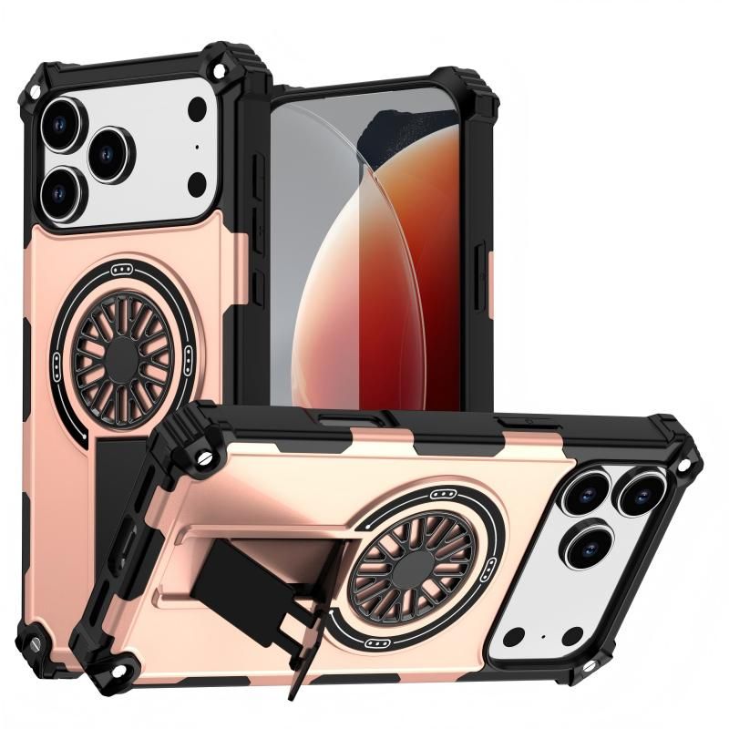 Armor Heavy Duty Magnetic Rotating Ring Kickstand Phone Case For iPhone 14 Pro, Anti-Drop Protective Cover In RoseGold
