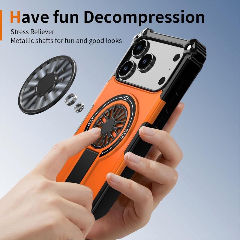 Armor Heavy Duty Magnetic Rotating Ring Kickstand Phone Case For iPhone 14 Pro, Anti-Drop Protective Cover In Orange