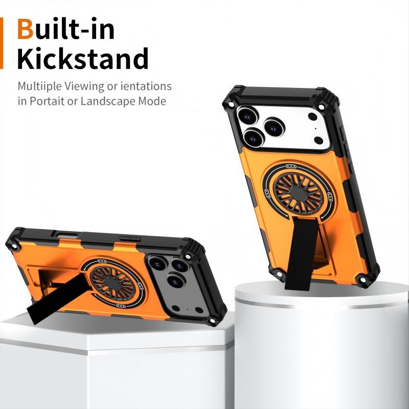 Armor Heavy Duty Magnetic Rotating Ring Kickstand Phone Case For iPhone 14 Plus, Anti-Drop Protective Cover In Orange