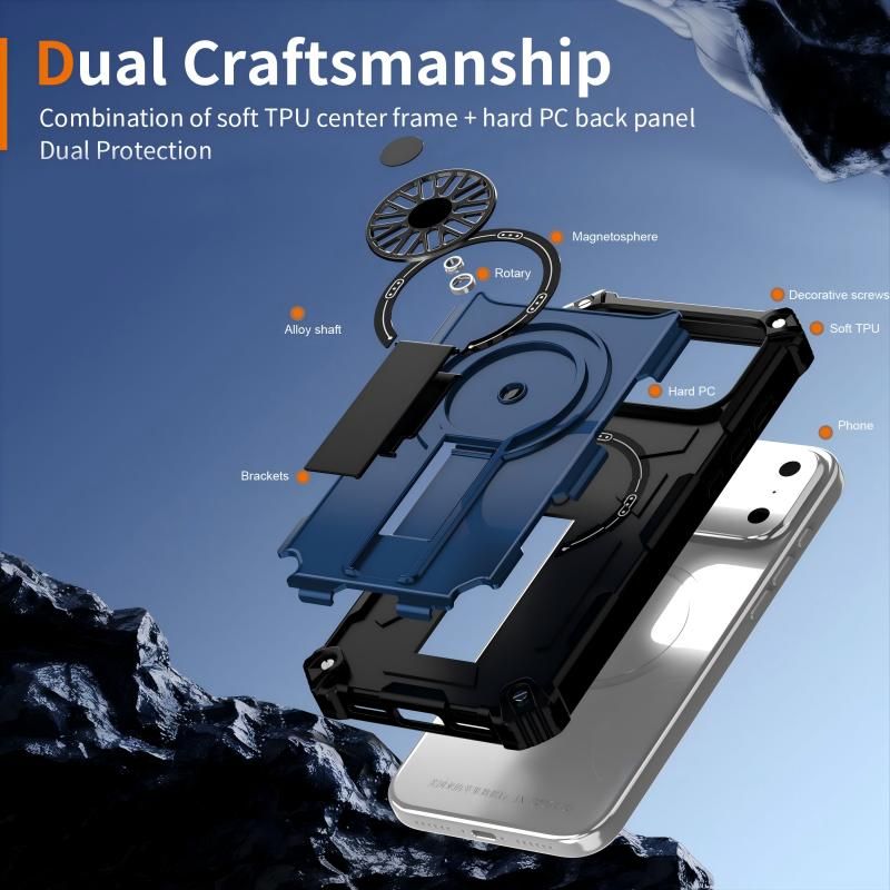 Armor Heavy Duty Magnetic Rotating Ring Kickstand Phone Case For iPhone 17 Pro Max, Anti-Drop Protective Cover In Blue
