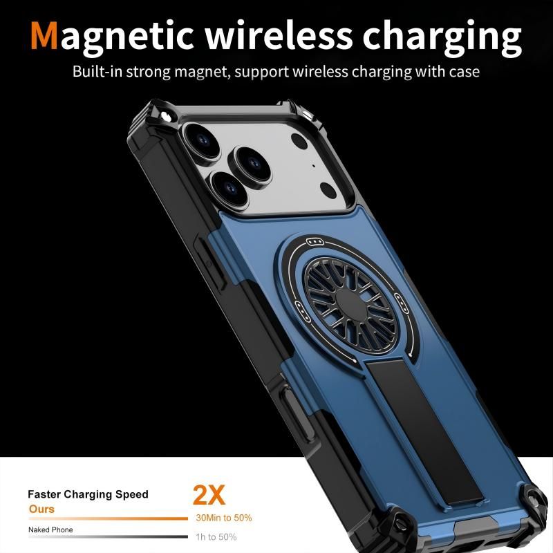 Armor Heavy Duty Magnetic Rotating Ring Kickstand Phone Case For iPhone 16 Plus, Anti-Drop Protective Cover In Blue