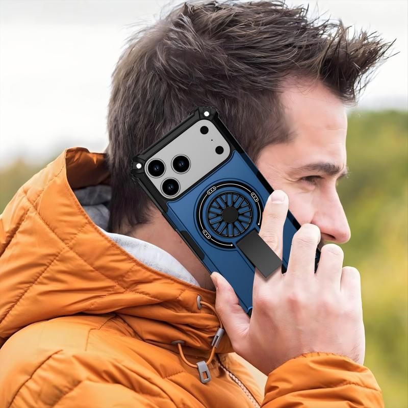 Armor Heavy Duty Magnetic Rotating Ring Kickstand Phone Case For iPhone 16 Plus, Anti-Drop Protective Cover In Blue