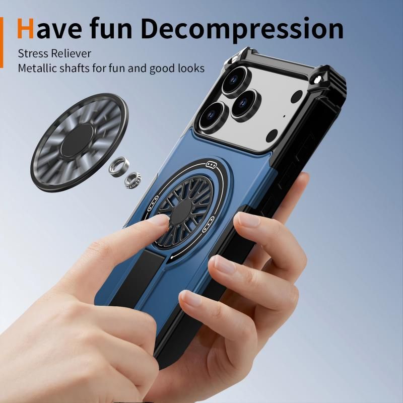 Armor Heavy Duty Magnetic Rotating Ring Kickstand Phone Case For iPhone 16 Plus, Anti-Drop Protective Cover In Blue