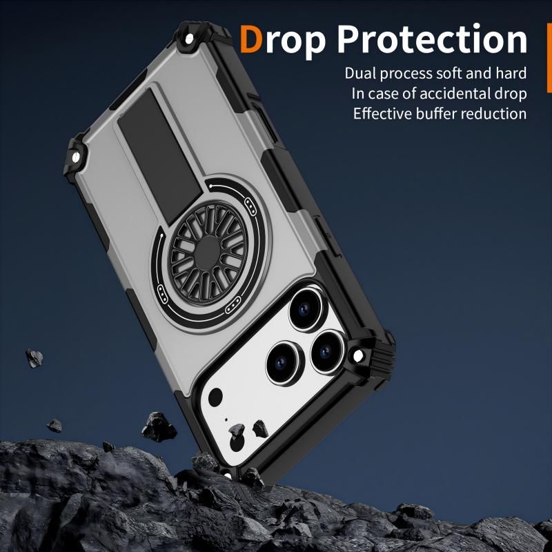 Armor Heavy Duty Magnetic Rotating Ring Kickstand Phone Case For iPhone 16 Plus, Anti-Drop Protective Cover In Silver