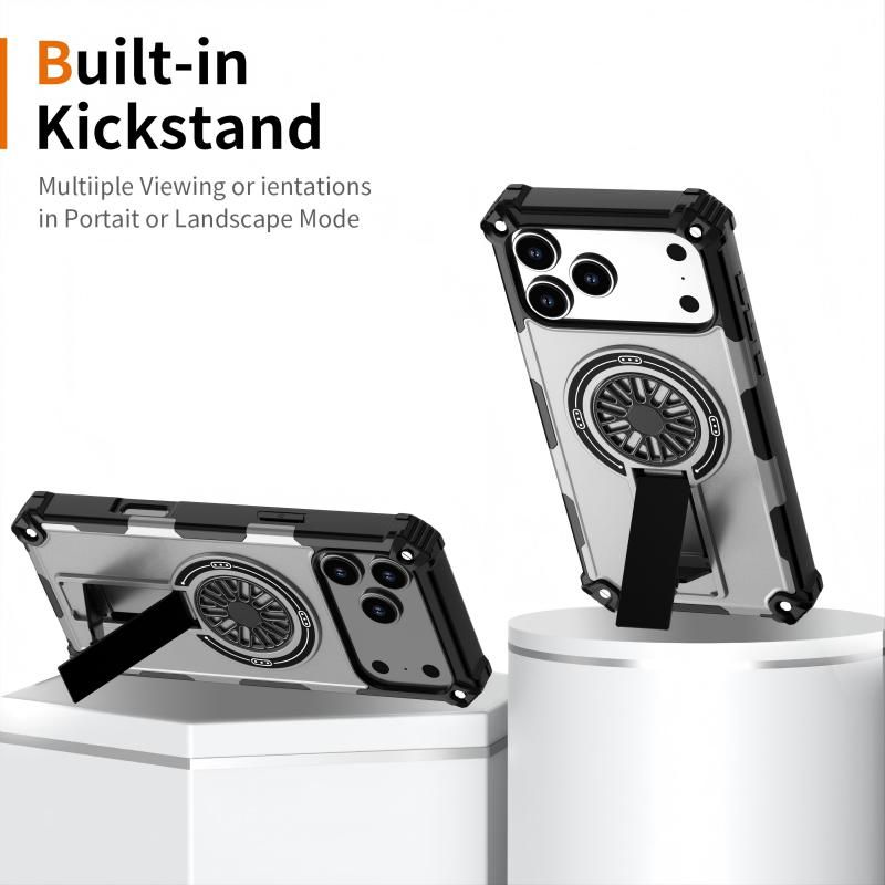 Armor Heavy Duty Magnetic Rotating Ring Kickstand Phone Case For iPhone 16 Plus, Anti-Drop Protective Cover In Silver