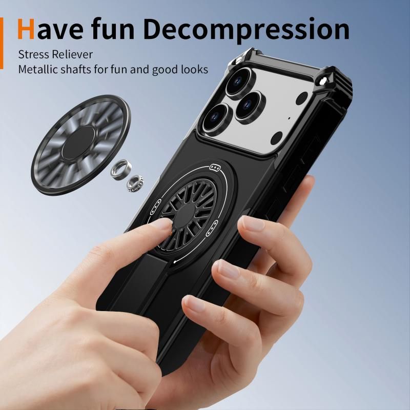 Armor Heavy Duty Magnetic Rotating Ring Kickstand Phone Case For iPhone 14 Pro Max, Anti-Drop Protective Cover In Black