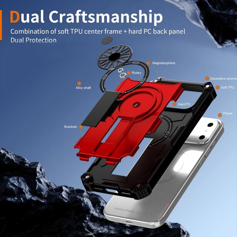 Armor Heavy Duty Magnetic Rotating Ring Kickstand Phone Case For iPhone 13 Pro Max, Anti-Drop Protective Cover In Red