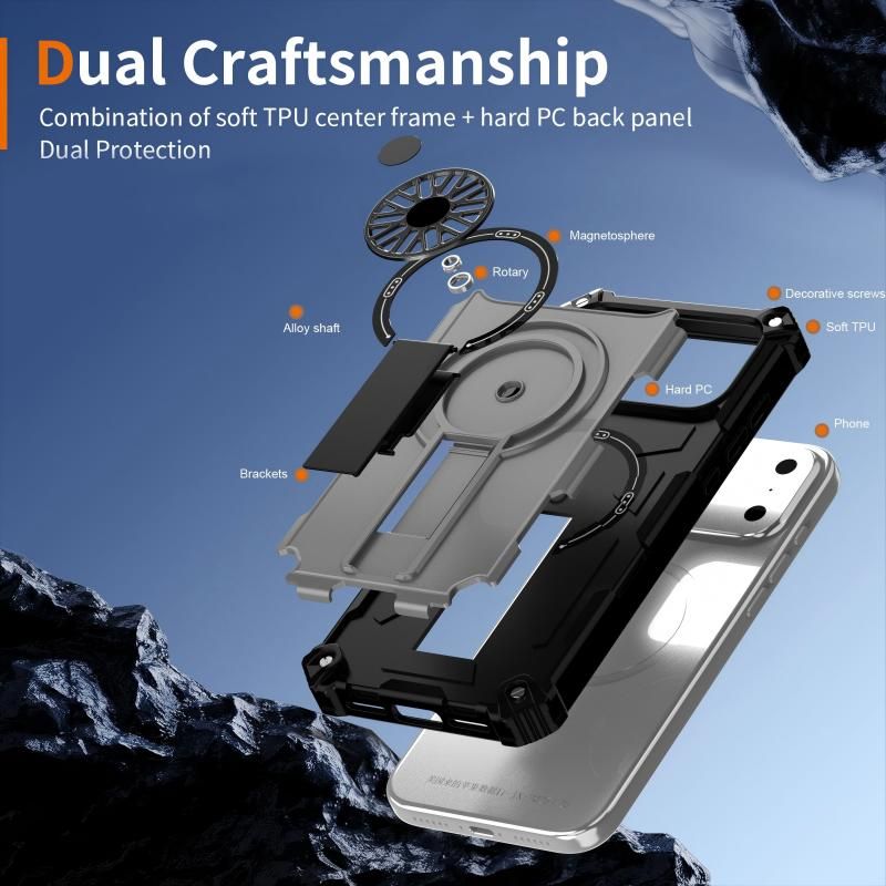 Armor Heavy Duty Magnetic Rotating Ring Kickstand Phone Case For iPhone 13 Pro Max, Anti-Drop Protective Cover In Silver