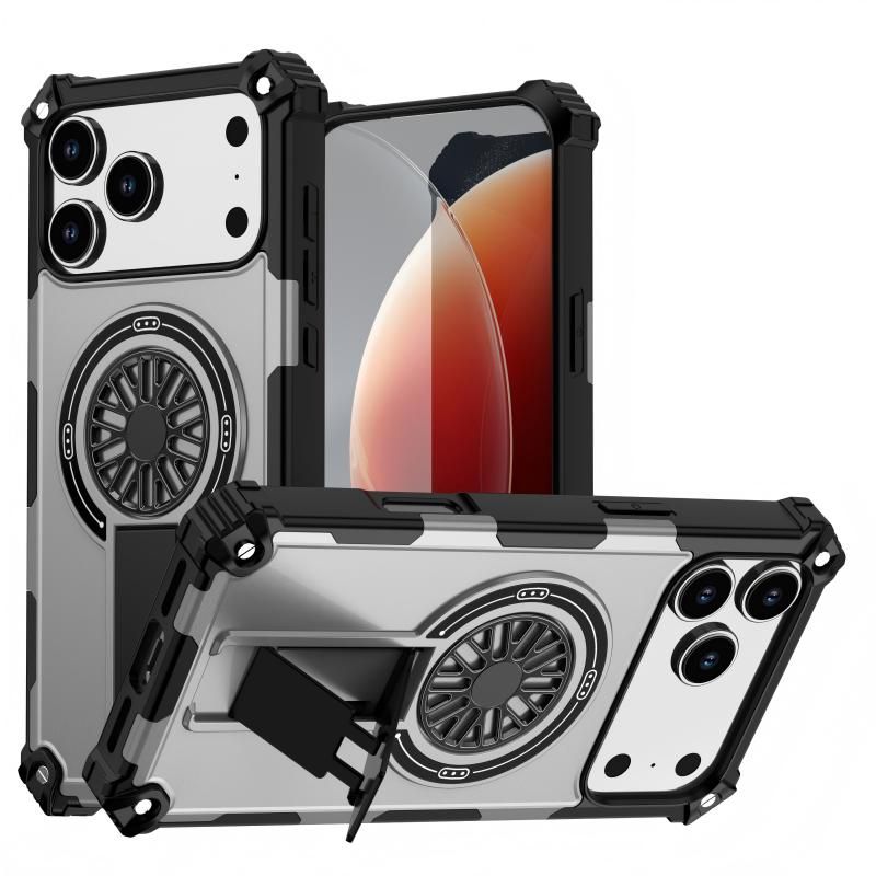 Armor Heavy Duty Magnetic Rotating Ring Kickstand Phone Case For iPhone 13 Pro, Anti-Drop Protective Cover In Silver