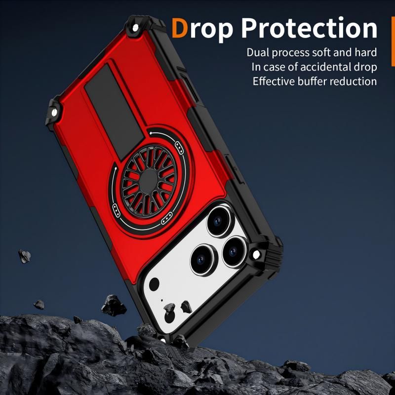 Armor Heavy Duty Magnetic Rotating Ring Kickstand Phone Case For iPhone 15 Plus, Anti-Drop Protective Cover In Red