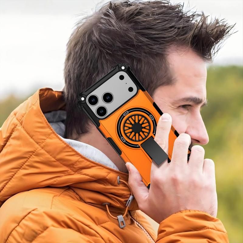 Armor Heavy Duty Magnetic Rotating Ring Kickstand Phone Case For iPhone 15 Plus, Anti-Drop Protective Cover In Orange