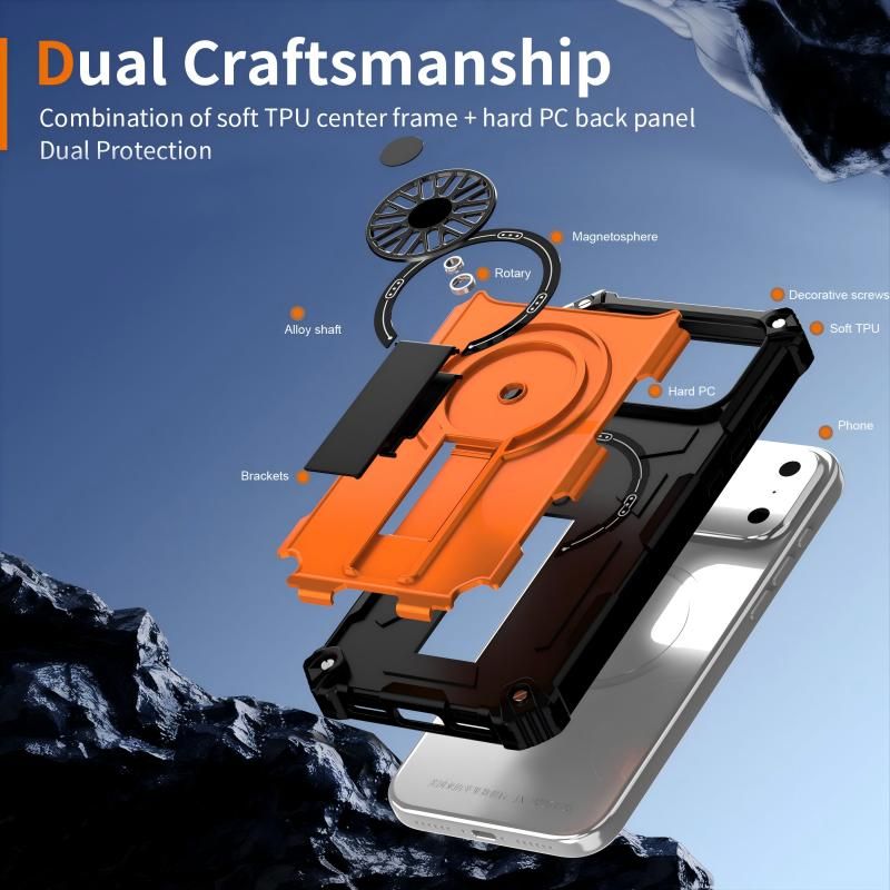 Armor Heavy Duty Magnetic Rotating Ring Kickstand Phone Case For iPhone 15 Plus, Anti-Drop Protective Cover In Orange