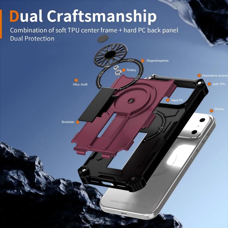 Armor Heavy Duty Magnetic Rotating Ring Kickstand Phone Case For iPhone 15 Plus, Anti-Drop Protective Cover In Purple