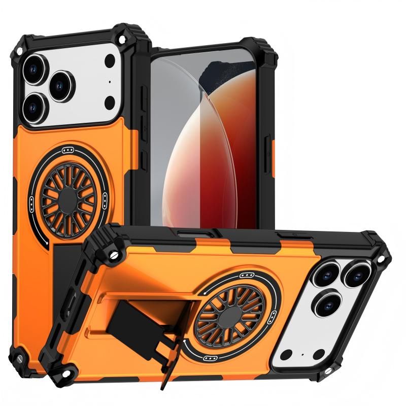 Armor Heavy Duty Magnetic Rotating Ring Kickstand Phone Case For iPhone 15 Pro Max, Anti-Drop Protective Cover In Orange