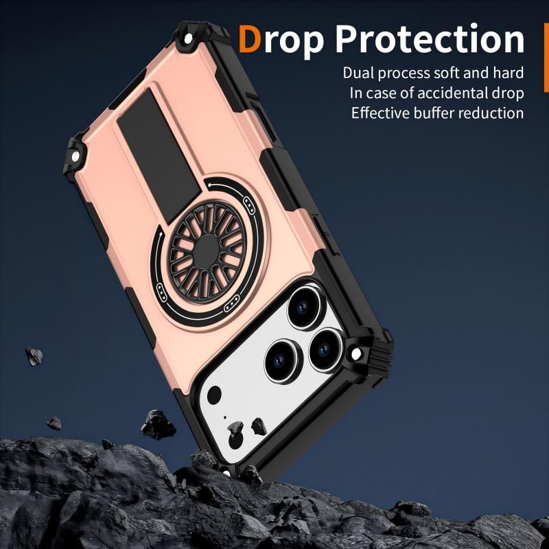 Armor Heavy Duty Magnetic Rotating Ring Kickstand Phone Case For iPhone 17 Pro Max, Anti-Drop Protective Cover In RoseGold