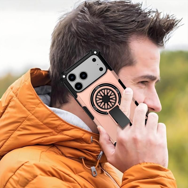 Armor Heavy Duty Magnetic Rotating Ring Kickstand Phone Case For iPhone 17 Pro Max, Anti-Drop Protective Cover In RoseGold