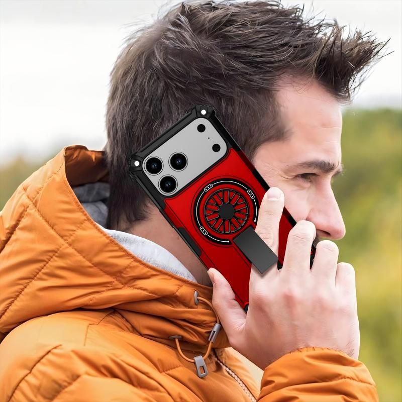 Armor Heavy Duty Magnetic Rotating Ring Kickstand Phone Case For iPhone 17 Pro Max, Anti-Drop Protective Cover In Red