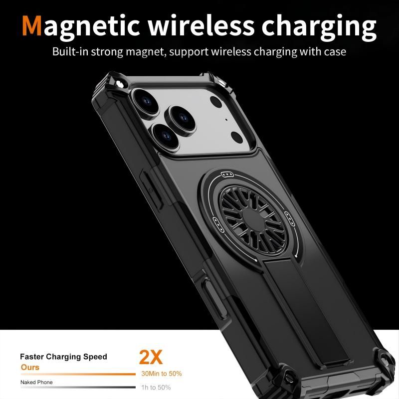 Armor Heavy Duty Magnetic Rotating Ring Kickstand Phone Case For iPhone 16 Pro, Anti-Drop Protective Cover In Black