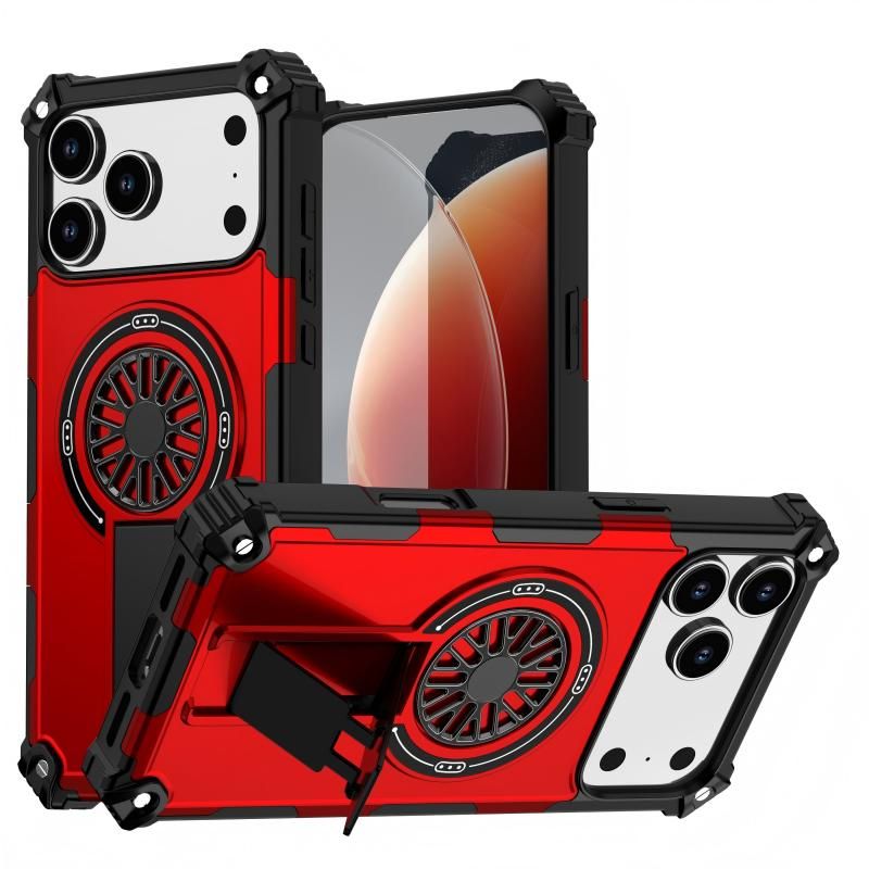 Armor Heavy Duty Magnetic Rotating Ring Kickstand Phone Case For iPhone 16 Pro Max, Anti-Drop Protective Cover In Red