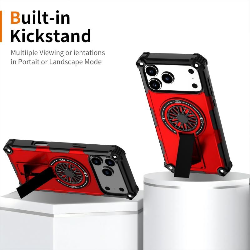 Armor Heavy Duty Magnetic Rotating Ring Kickstand Phone Case For iPhone 16 Pro Max, Anti-Drop Protective Cover In Red