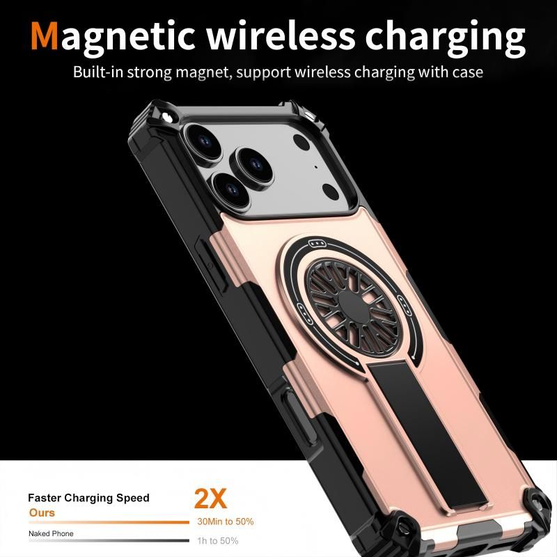 Armor Heavy Duty Magnetic Rotating Ring Kickstand Phone Case For iPhone 16 Pro Max, Anti-Drop Protective Cover In RoseGold