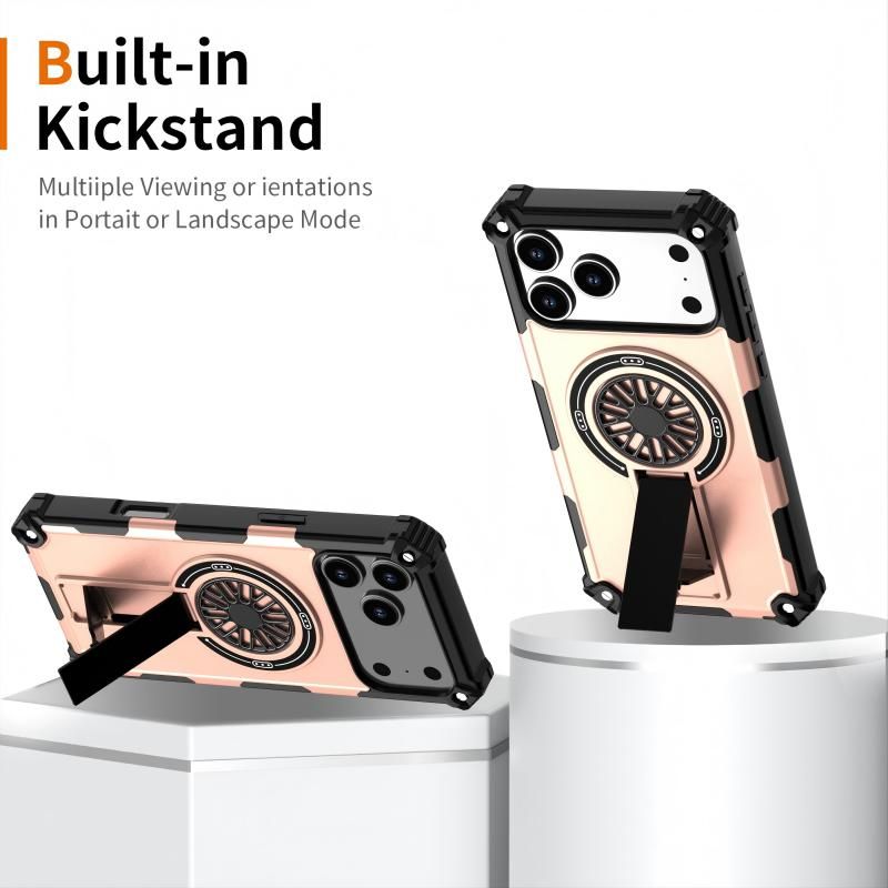 Armor Heavy Duty Magnetic Rotating Ring Kickstand Phone Case For iPhone 16 Pro Max, Anti-Drop Protective Cover In RoseGold