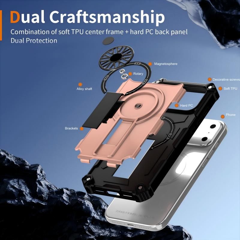 Armor Heavy Duty Magnetic Rotating Ring Kickstand Phone Case For iPhone 16 Plus, Anti-Drop Protective Cover In RoseGold